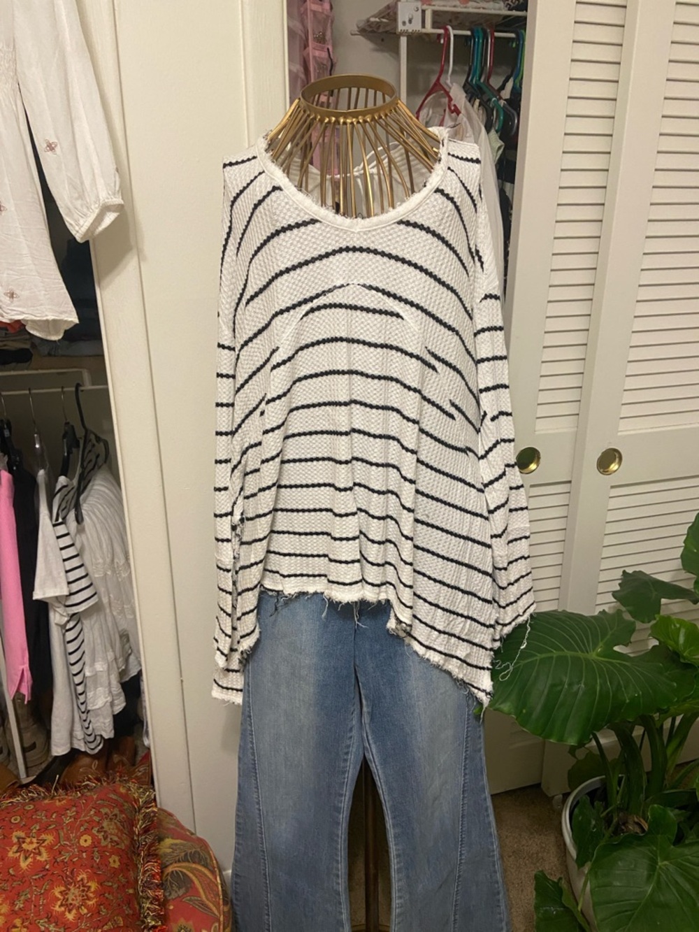 Free People White and Black Striped Lightweight Knit Sweater